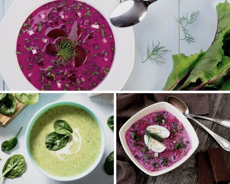 Obraz składa się z trzech kolorowych chłodników - buraczkowych i ogórkowych - wszystkie są schłodzone i gotowe do jedzenia.