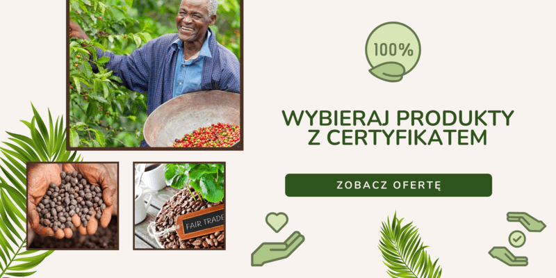 Na mozaice zdjęć widać uśmiechniętego mężczyznę przy pracy przy zbiorze owoców oraz nasiona owoców i ziarna kawy zbierane zgodnie z zasadami sprawiedliwego handlu - z przekierowaniem do listy produktów.